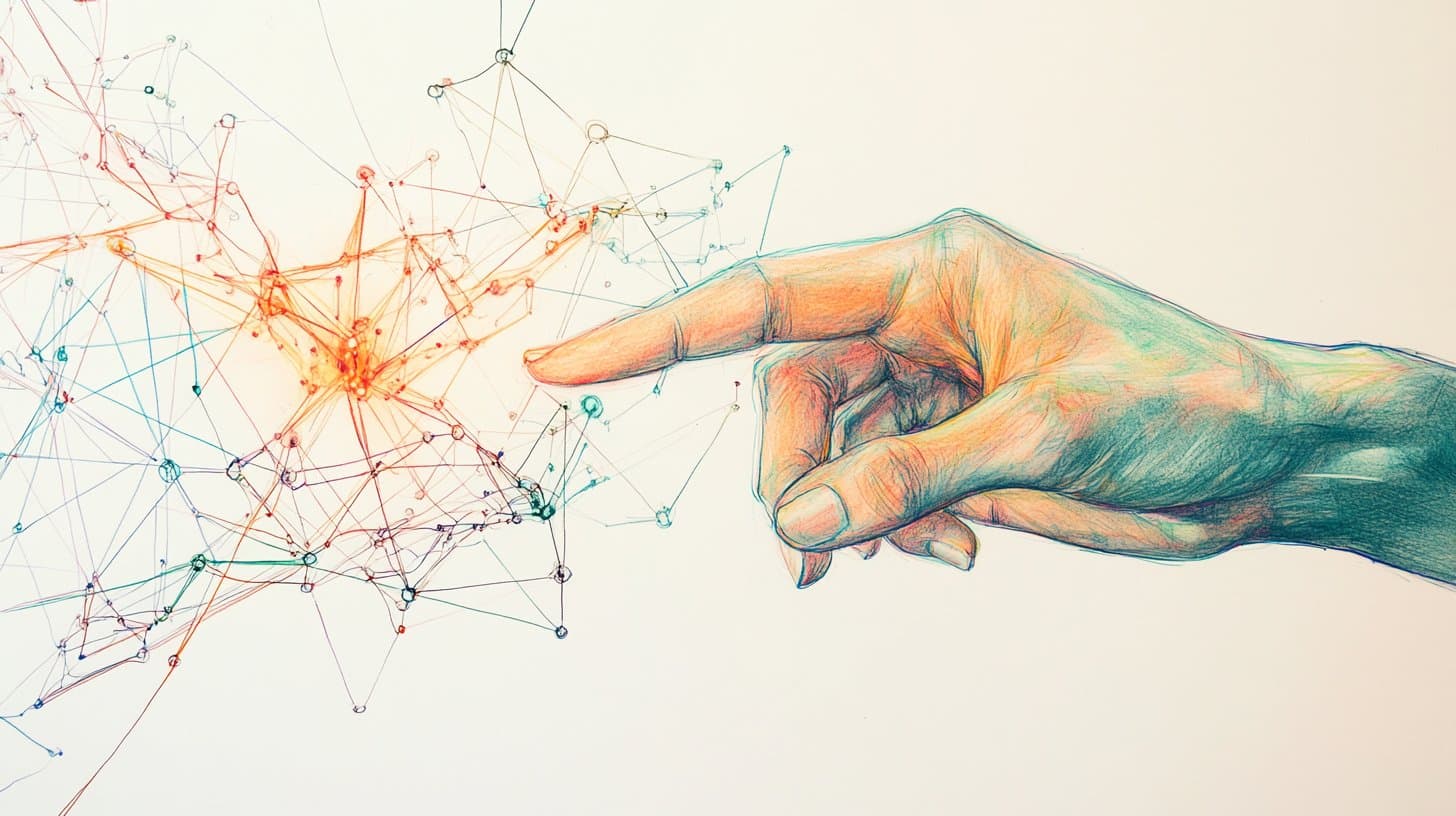 Illustration zum Blogartikel: Warum KI ohne Menschen scheitert: Was KMU aus den neuesten Studien lernen können. Thematische Brand-Illustration im Colored-Pencil-Sketch-Stil passend zum Artikelthema