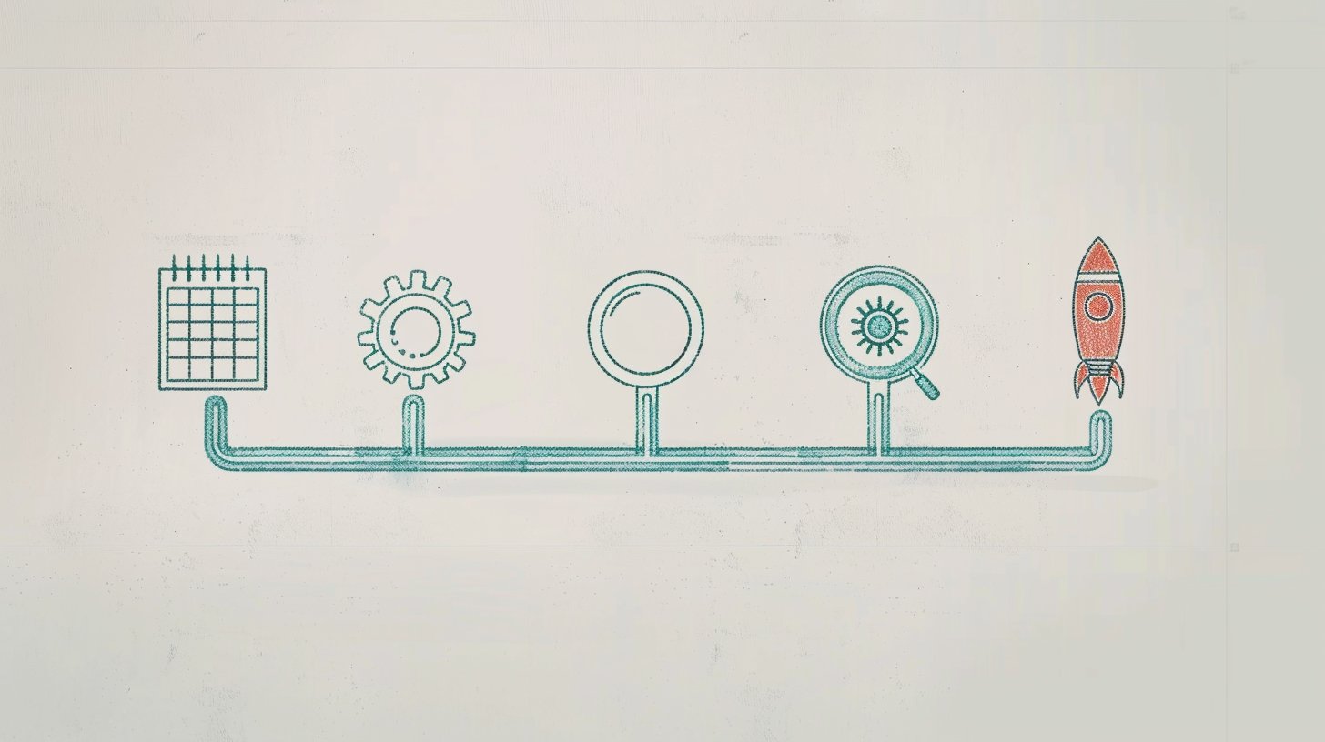 Illustration zum Blogartikel: Mein KI-Coaching-Fahrplan: Was in 4 Wochen passiert. Thematische Brand-Illustration im Colored-Pencil-Sketch-Stil, passend zum Artikelthema